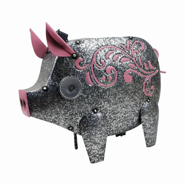 Solar garden metal plant stand pig with led eyes galvanized ornament large metal flower pots
