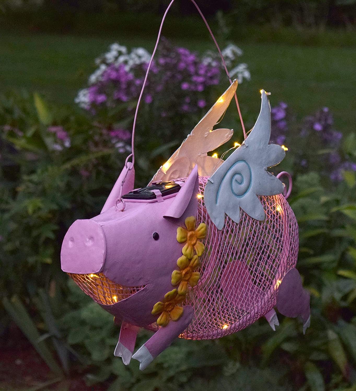 Flying Pink Pig Solar Metal Bird Feeder Animal Solar Garden Light for Outdoor Factory