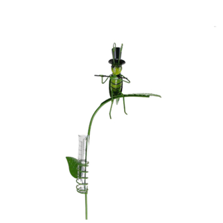 Green metal decorative garden rain gauge yard standing stakes grasshopper design