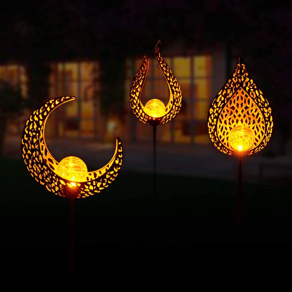 Solar Powered Garden Lights Antique Brass Hollow-Carved Metal Moon with Warm White Crackle Glass Globe Stake Lights