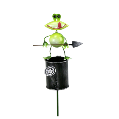 Metal garden decorative frog with garden tool standing on watering can iron long plant pot stakes