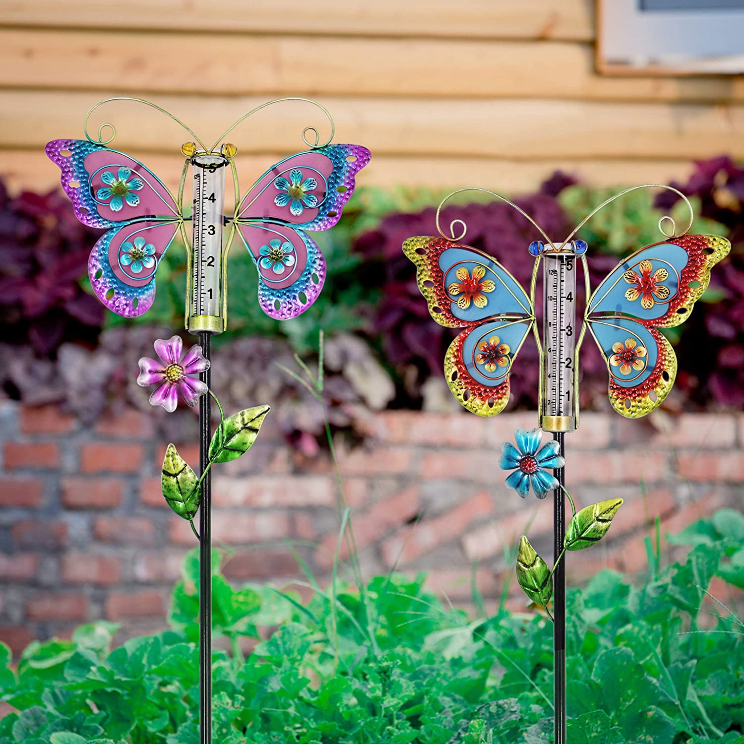 Rain Gauge Butterfly Garden Stakes Decor Glow in Dark Metal Yard Art Outdoor Lawn Pathway Patio Decorations