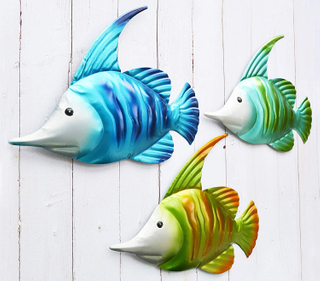 14Inch Metal Fish Wall Art Graden Decor Set of 3 Colorful Outdoor or Indoor Wall Sculptures(14 Inch,Hand-Painted)