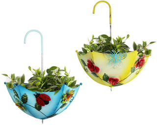 Metal Umbrella Hanging Wall Decor Planter Flower Pot Holder for Home Garden Indoor Outdoor Yard Porch with Drain Hole